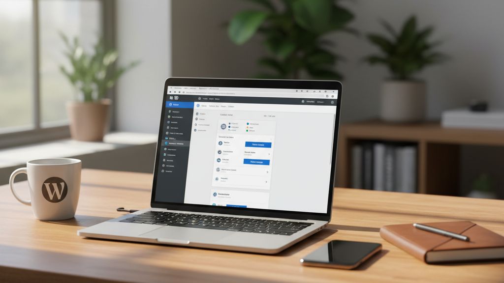 6-gyakori-problema-ami-wordpress-frissites-soran-e WordPress frissítési felület laptop képernyőjén modern otthoni irodában