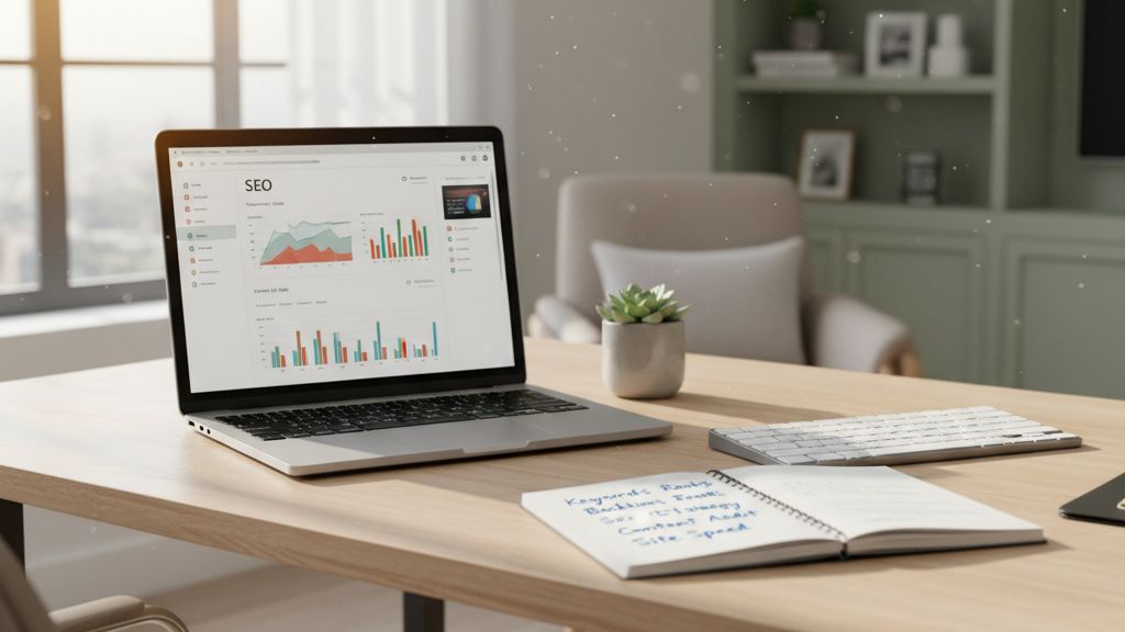 a-legjobb-seo-strategiak-kezdo-wordpress-felhaszna Laptop képernyőn WordPress SEO irányítópult és analitikai grafikonok egy modern otthoni irodai asztalon