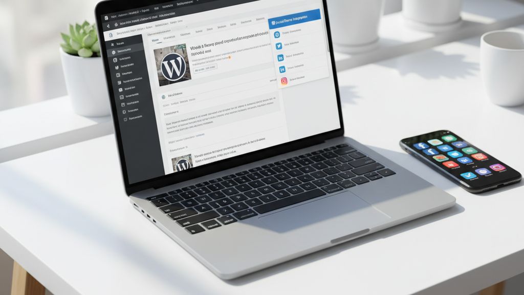 hogyan-allitsd-be-a-kozossegi-media-automatikus-me WordPress közösségi média automatizálás laptop képernyőn modern irodai környezetben