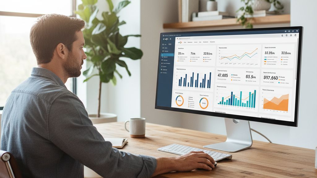hogyan-hasznald-a-google-analytics-et-wordpress-we Webfejlesztő Google Analytics adatokat elemez egy modern irodában természetes fényben