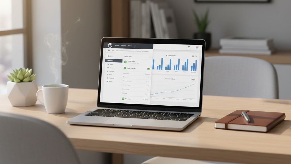 hogyan-integralj-e-mail-marketing-eszkozoket-a-wor WordPress irányítópult és e-mail marketing analitika egy modern irodai asztalon, laptopképernyőn megjelenítve