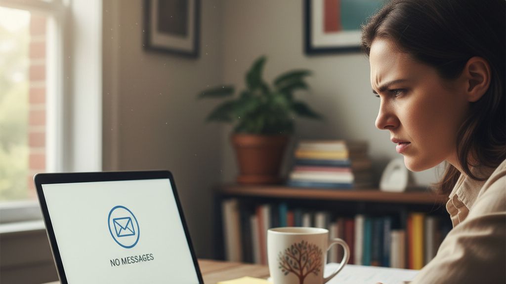 weboldal-nem-kuld-e-mailt-igy-oldhatod-meg-a-probl-1 Személy aggódva néz egy laptopot, amelynek postafiókja üres – a weboldal nem küld e-mailt probléma illusztrációja