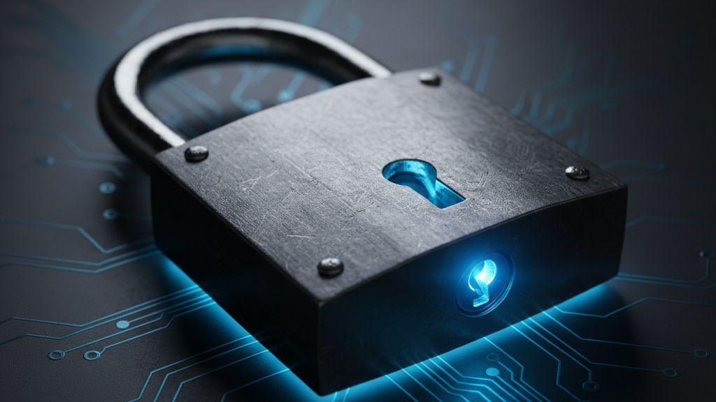 wordpress-biztonsag-hogyan-vedd-meg-weboldaladat-a Erős acélzár egy áramköri mintás felületen, szimbolizálva a WordPress weboldal biztonságát