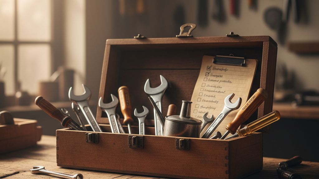 wordpress-karbantartas-a-leggyakoribb-kerdesek-meg Famunkás szerszámosláda csavarkulcsokkal és karbantartó eszközökkel egy műhelyben