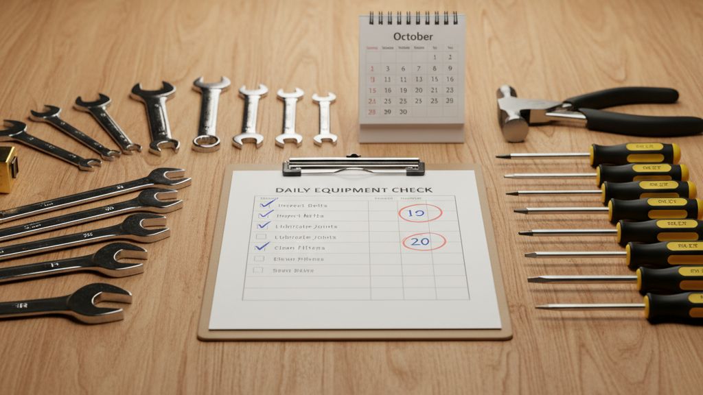 wordpress-karbantartasi-terv-amit-minden-weboldal- Karbantartási eszközök és ellenőrzőlista egy fa munkapadon, szimbolizálva a rendszeres WordPress karbantartási tervet