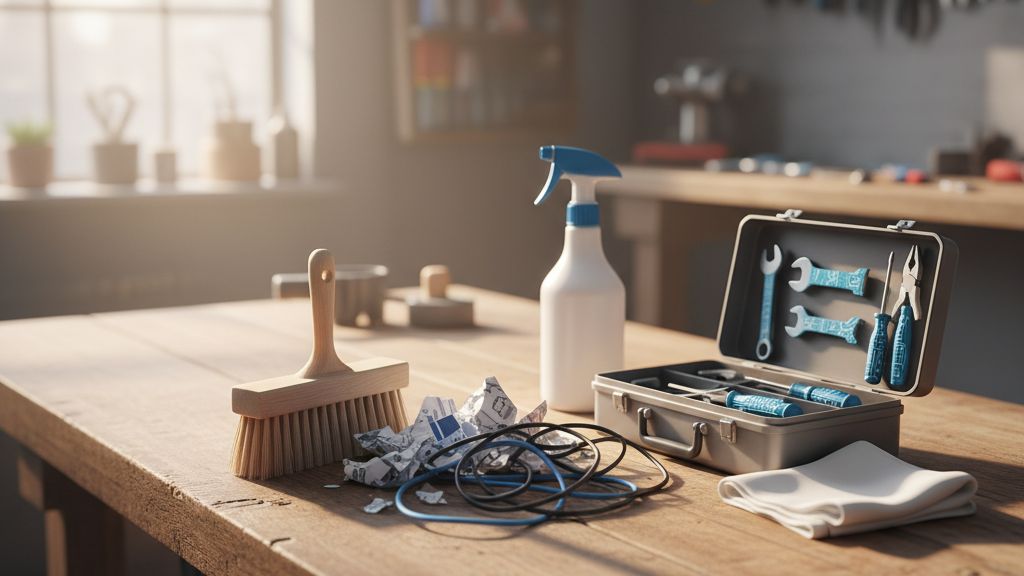 wordpress-weboldal-tisztitasa-egyszeru-lepesek-a Rendezett faasztal takarítóeszközökkel és szerszámokkal, amelyek a WordPress weboldal tisztítását szimbolizálják
