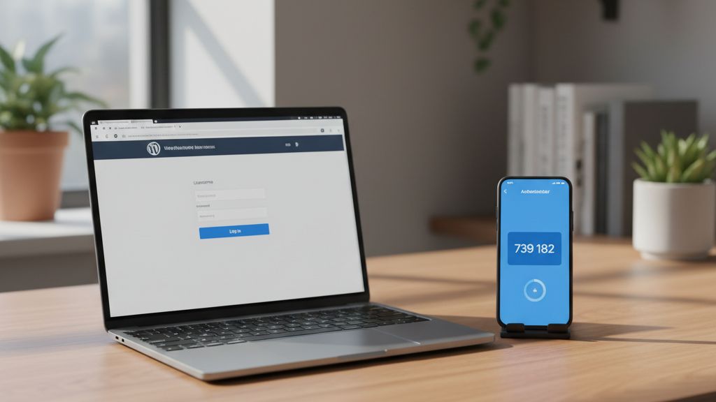 wordpress-weboldalad-veszelyben-van-vedd-ketlepcso WordPress bejelentkezési oldal laptopón, mellette okostelefon kétlépcsős azonosítási kóddal