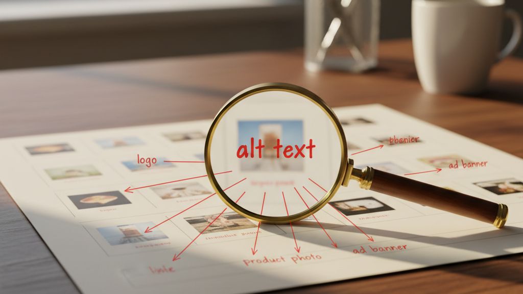 alt-szoveg-kepekhez-a-legjobb-modszerek-es-tippek Nagyítóüveg egy kinyomtatott weboldal-elrendezésen, piros tintával jelölt alt szöveg mezőkkel