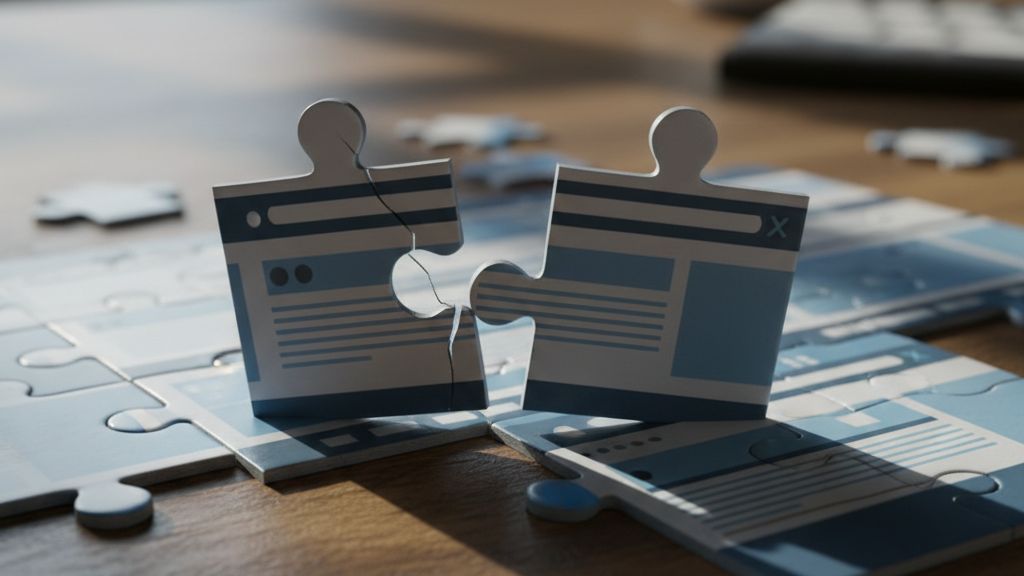 inkompatibilis-wordpress-bovitmenyek-kezelese-lepe Össze nem illő puzzle darabok egy fa asztalon, szimbolizálva a WordPress bővítmény-konfliktusokat