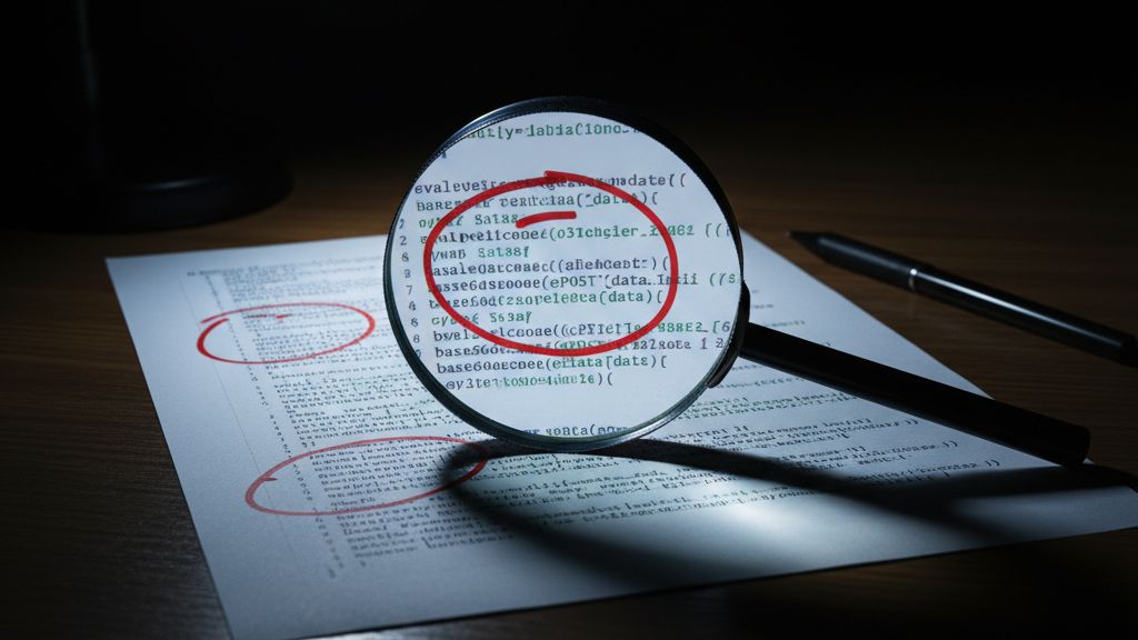 virusos-wordpress-fajlok-felismerese-es-eltavolita Nagyítóüveg PHP kódon, piros jelölésekkel ellátott gyanús kódrészletekkel – WordPress biztonsági vizsgálat illusztrációja