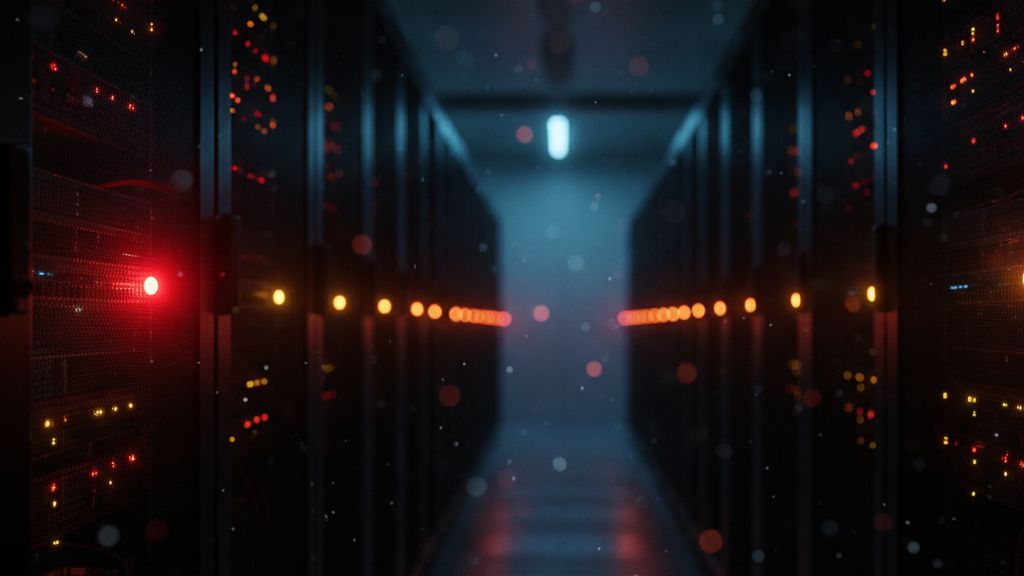 wordpress-500-as-szerverhiba-javitasa-lepesrol-lep Szerverfarm vörös hibajelző fénnyel egy szerveren, ami 500-as szerverhibát szimbolizál