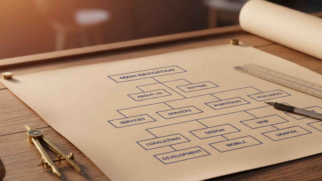 wordpress-menustruktura-tervezese-igy-lesz-atlatha Hierarchikus fa-struktúra rajz egy tervezőasztalon, WordPress menüstruktúra tervezéséhez