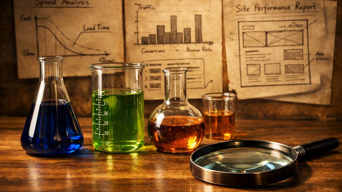 weboldal-sebesseg-tesztelese-eszkozok-es-tippek-a- Laboratóriumi üvegeszközök és egy nagyító fa asztalon, sebességmérési diagramokkal a háttérben